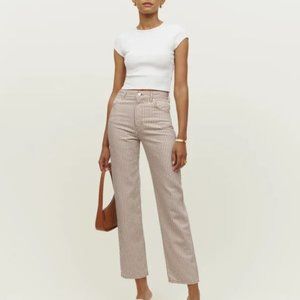NWT Reformation Sz 25 Women's Beige Cowboy Striped High Rise Straight Jeans